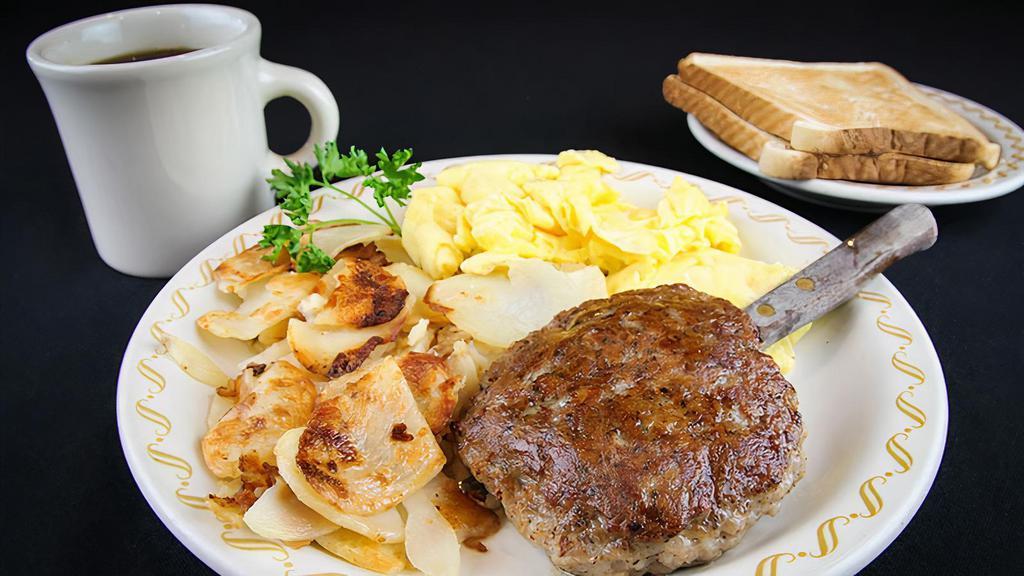 Sausage Steak, Chop & Eggs · All down-home steak and egg specials include your choice of hash browns, country fries or potato cake plus biscuits, toast or English muffin and two eggs.

Consuming raw or under-cooked meats, poultry, seafood or eggs may pose an increased risk of food-borne illness.