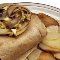 Southern Mushroom Wrap · A wrap loaded with mushrooms, scrambled eggs, onions, sausage and swiss cheese. Served with ...