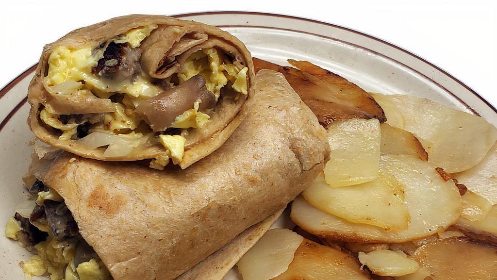 Southern Mushroom Wrap · A wrap loaded with mushrooms, scrambled eggs, onions, sausage and swiss cheese. Served with choice of potatoes