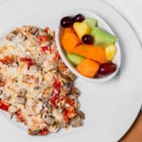 Health Club · Egg whites, turkey sausage, oven roasted tomatoes, mushrooms, Pepper Jack, with fruit.