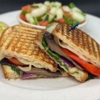 Grilled Veggie · Portobello mushrooms, roasted red peppers, spinach, red onion, tomato, Provolone, balsamic a...