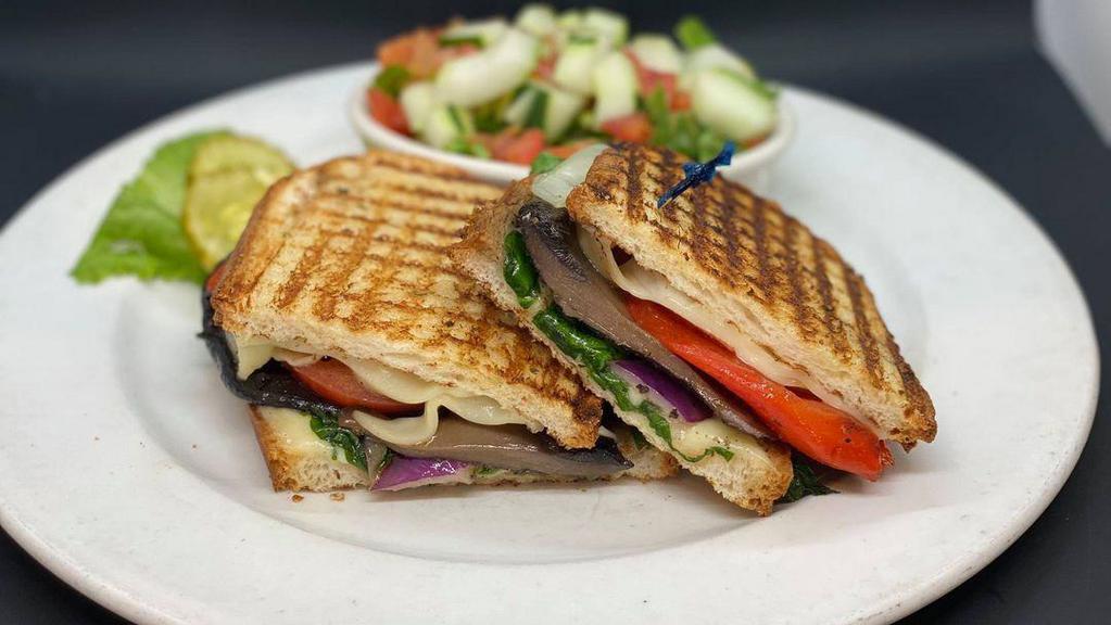 Grilled Veggie · Portobello mushrooms, roasted red peppers, spinach, red onion, tomato, Provolone, balsamic aioli.