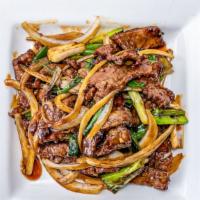 Mongolian Beef · Beef with brown sauce and vegetables.