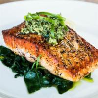Pan Roasted Atlantic Salmon · spinach, salsa verde, herbs, breadcrumbs, olive oil