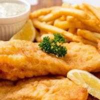 Fish & Chips · Slightly spiced cod or redfish, breaded, and deep fried to perfection. Served with our tasty...
