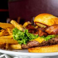 Wood Fired Old Fashioned Bacon Cheeseburger · Hand pattied, fresh ground chuck, lettuce, tomato, cheddar, smoked bacon on a toasted butter...