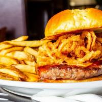 Wood Fired Bbq Burger · 8oz hand pattied, fresh ground chuck, grilled over hardwood with BBQ sauce, cheddar & fresh ...