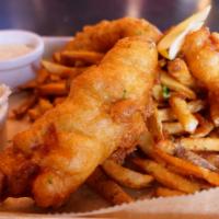 Fish & Chips · Fresh cod, beer battered with fries & slaw