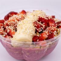 The Selena · Strawberries, Pitaya Superfood, Almond Milk, Banana & Agave 
Toppings: Strawberries, Banana,...