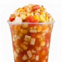Gazpacho Moreliano · Fruit salad finely diced: mango, cucumber, jicama, pineapple, and watermelon. Mixed with fre...