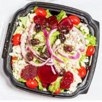 Greek Salad (Small) · Romaine lettuce, red onion, beets, tomato, pepperoncini peppers, feta cheese, Kalamata olive...