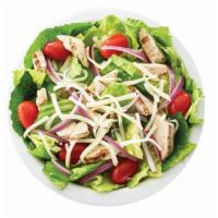 Large - Grilled Chicken Salad · Romaine lettuce, grilled chicken, tomatoes, red onions, our special blend of three cheeses a...