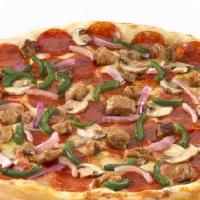 Small Deluxe · Pepperoni, Italian sausage, onions, green peppers, mushrooms and our special blend of 3 chee...