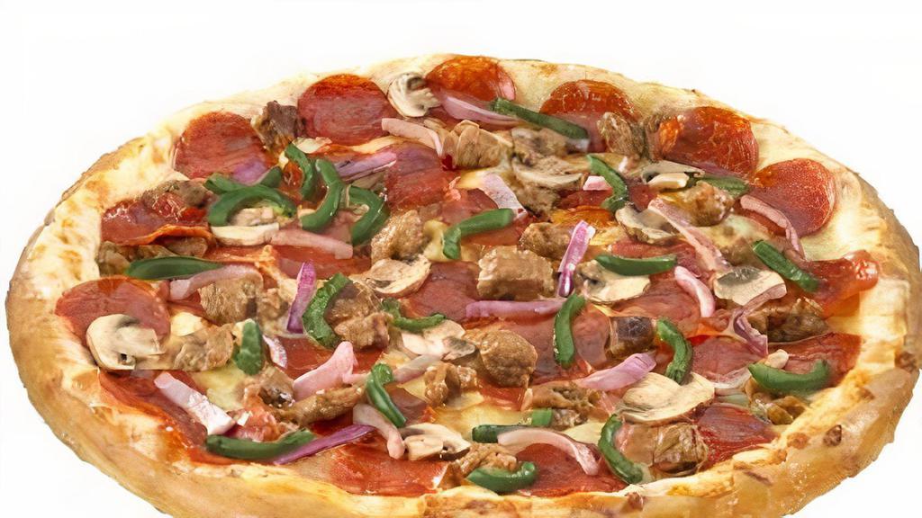 Small Deluxe · Pepperoni, Italian sausage, onions, green peppers, mushrooms and our special blend of 3 cheeses.