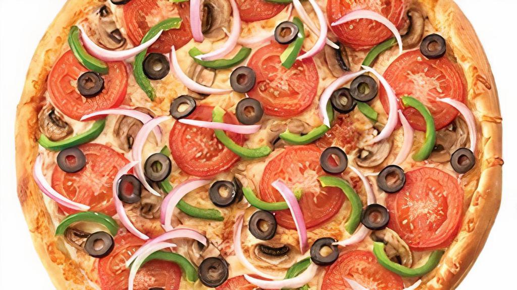 Large Traditional Vegetarian · Mushrooms, onions, green peppers, black olives and fresh tomatoes, and our special blend of 3 cheeses.