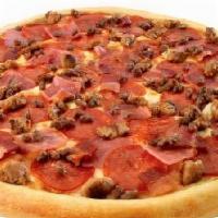 Large All Meat · Pepperoni, ham, Italian sausage, beef, bacon and our special blend of 3 cheeses.