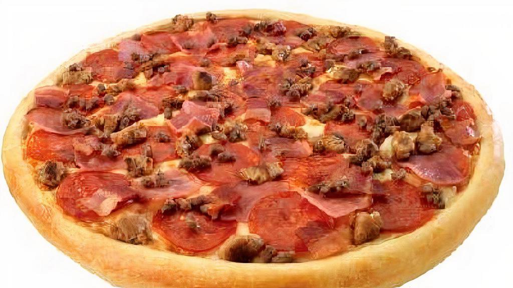 Large All Meat · Pepperoni, ham, Italian sausage, beef, bacon and our special blend of 3 cheeses.