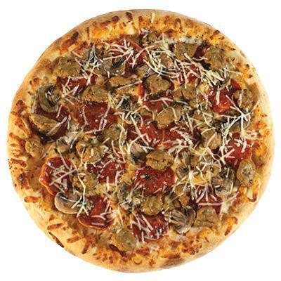 Large The Favorite · Pepperoni, Italian sausage, mushrooms, our special blend of 3 cheeses, topped with parmesan cheese and Italian seasoning.