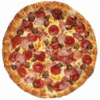 Large Spicy Italian · Pepperoni, ham, Italian sausage, salami, garlic & Italian dressing, and our special blend of...