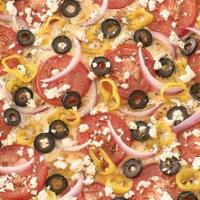 Large Greek · Feta cheese, black olives, hot pepper rings, onions, fresh tomatoes and our special blend of...