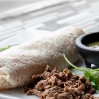 Steak Burrito · Comes with refried beans, rice, and shredded cheese.