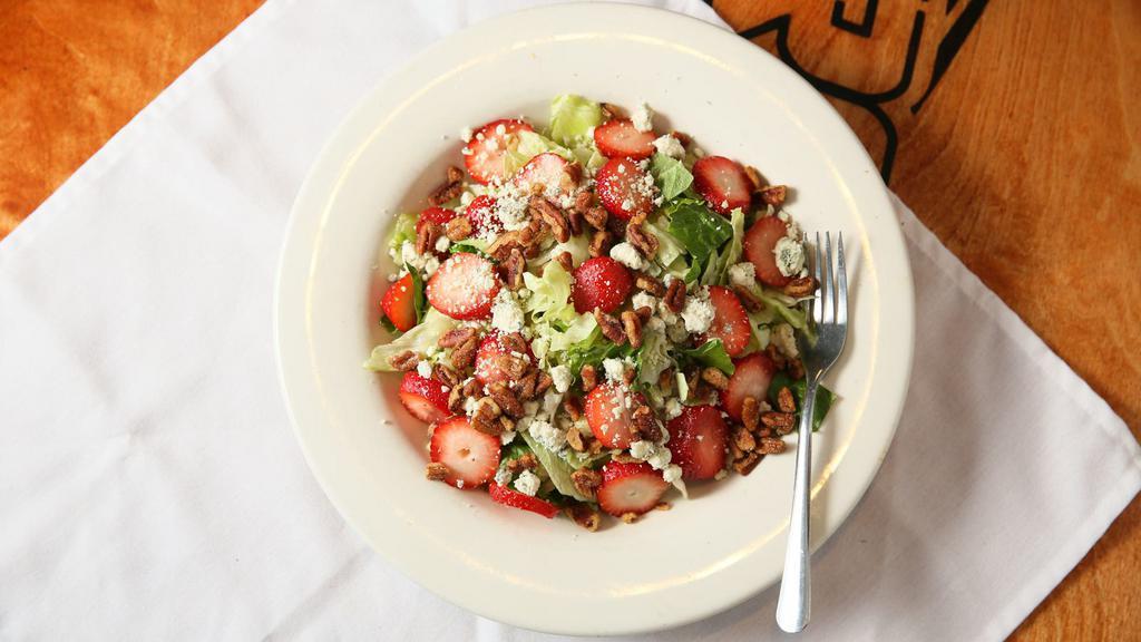 Summer Salad · ICEBERGE AND ROMAINE LETTUCE TOPPED WITH SLICED STRAWBERRIES, CANDIED PECANS, BLEU CHEESE CRUMBLES AND RASPBERRY VINAGRETTE DRESSING