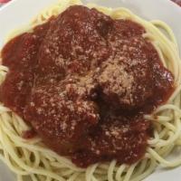 Spaghetti And Meatballs · A GENEROUS PORTION OF SPAGHETTI NOODLES WITH OUR HOMEMADE SAUCE TOPPED WITH MEATBALLS AND A ...