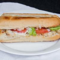 Grilled Chicken · Marinated chicken with pizza cheese and cheddar cheese. Lettuce Tomato and Mayo Half hoagie ...