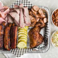 Sampler Platter (For Two) · Ribs, chicken, sausage, and your choice of two other meats.