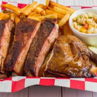 Ribs & Chicken · 3 ribs, a quarter smoked chicken, and choice of two sides