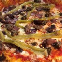 Bacco Sausage · house blend mozzarella, roasted onion, hot peppers, house made sausage