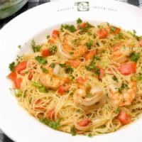 Shrimp Santa Cruz · Sweet, spicy, smoky and buttery served with angel hair.