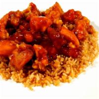 Orange Chicken · Hot. Deep fried chunks of chicken in a refreshing orange sauce, garnished with potatoes or b...