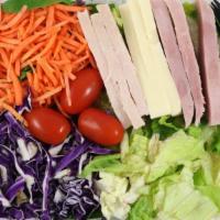 Chef Salad · Mixed Greens, Hard boiled egg, Ham, Turkey breast, Grape Tomatoes, Cheddar and Monterey Jack...