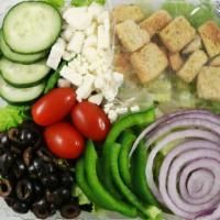 Greek Salad · Chopped iceberg and Romaine blend, Grape tomatoes, Feta cheese, Cucumbers, and Red onions wi...