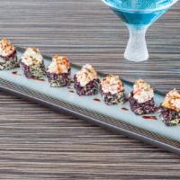 Pink Panther - Otg · Shrimp tempura, cream cheese, cucumber, mayo and tempura crunch, rolled in black rice, toppe...