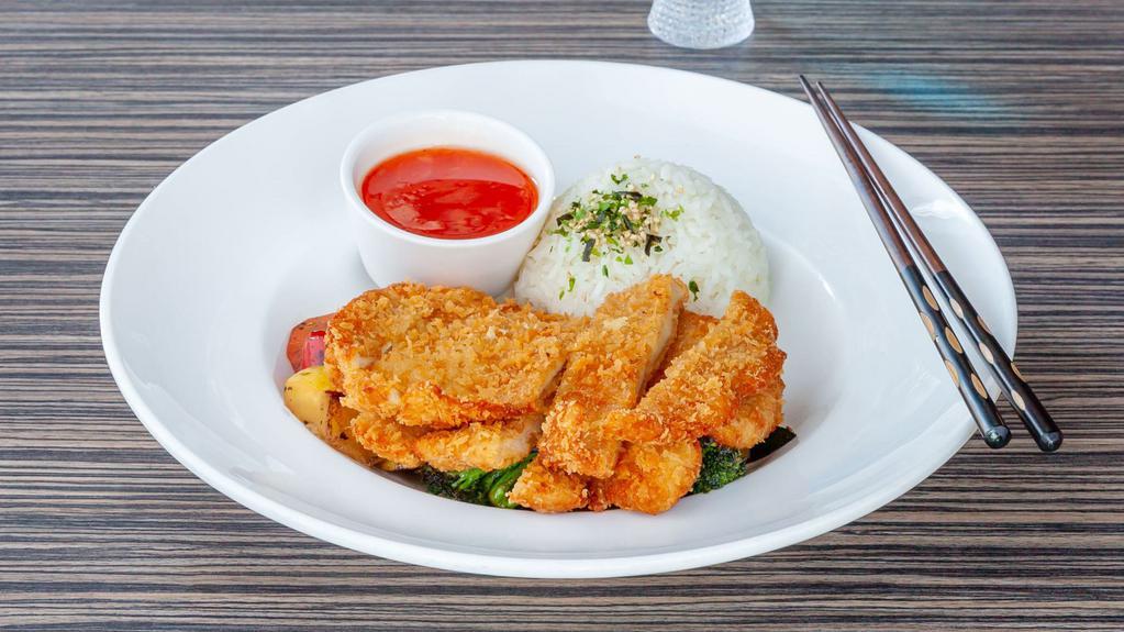 Sweet & Chili Chicken Katsu - Otg · Sliced panko battered chicken breast topped with sweet chili sauce, served on a bed of sautéed vegetables and white rice