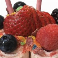 Fire Cracker · Vanilla	 Base,
	
Mixed Ins:	
Strawberry/	
	Raspberry,
	
Toppings:	

Fruity Pebbles	/
pocky s...