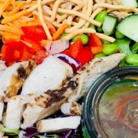 Thai · Organic mixed greens, all-natural chicken breast, edamame beans, crunchy chow mein noodles, ...