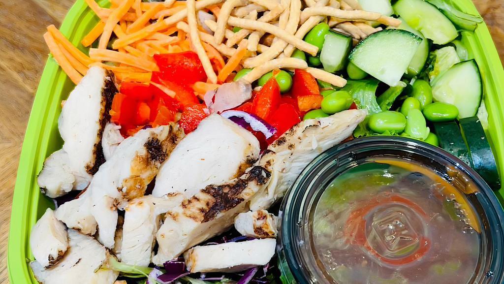 Thai · Organic mixed greens, all-natural chicken breast, edamame beans, crunchy chow mein noodles, fresh cucumbers, sliced carrots, red peppers and red cabbage. Paired with a Thai Peanut dressing.