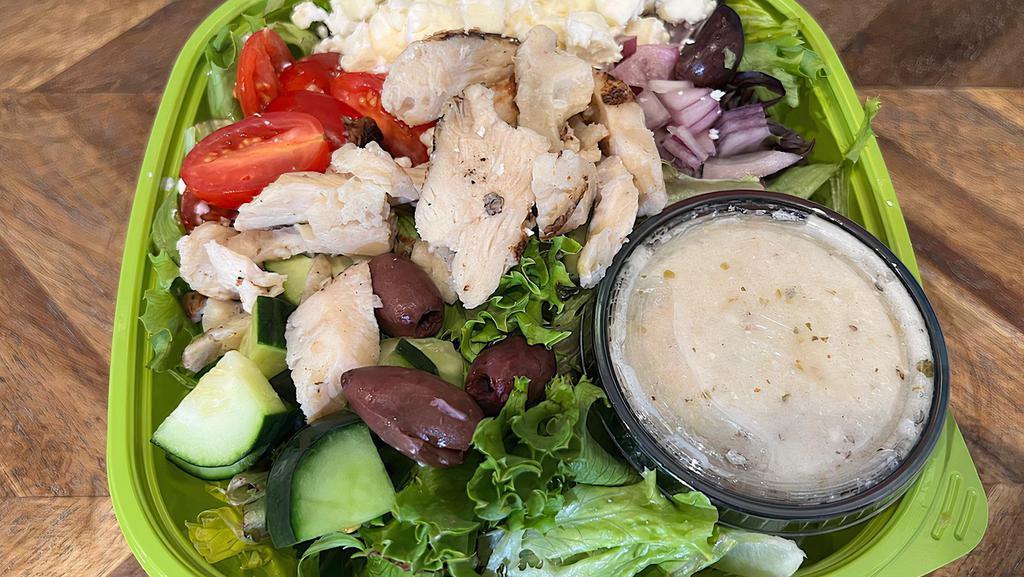 Greek · Organic mixed greens, all-natural chicken breast, fresh cucumber, grape tomatoes, Kalamata olives, red onions and Feta cheese. Paired with a Greek vinaigrette.
