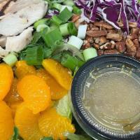Mandarin Chicken · Organic mixed greens, Mandarin oranges, shredded red cabbage, fresh green onions, pecans and...