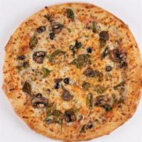 Veggie  · Crust loaded with mozzarella cheese, red, yellow, green peppers, tomatoes, onions, mushrooms...