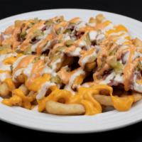 Full Loaded Fries · bacon, chicken bites, tomatoes, green peppers, pickles, onions, mozzarella cheese, cheddar s...