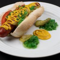 Chicago-Style Hot Dog · Hot Dog, mustard, relish, tomatoes, onions, pickles