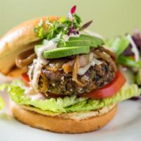Veggie Black Bean Burger · Veggie bean burger, grilled onions, lettuce, tomato, mozzarella cheese, avocado & chipotle a...