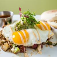 Turkey Chorizo Hash · Mixed with potatoes, onions, peppers, rice, cilantro, two eggs any style topped with chipotl...