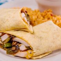 Grilled Chicken Monterey Wrap · Marinated chicken breast smothered with caramelized onions and peppers, melted cheddar and j...