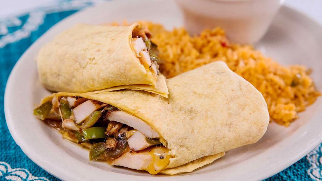 Grilled Chicken Monterey Wrap · Marinated chicken breast smothered with caramelized onions and peppers, melted cheddar and jack cheese blend wrapped in a jalapeno cheddar tortilla.