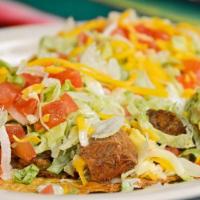 Tostada Plate · Two crisp fried corn tortillas with choice of meat topped with lettuce, diced tomatoes and c...